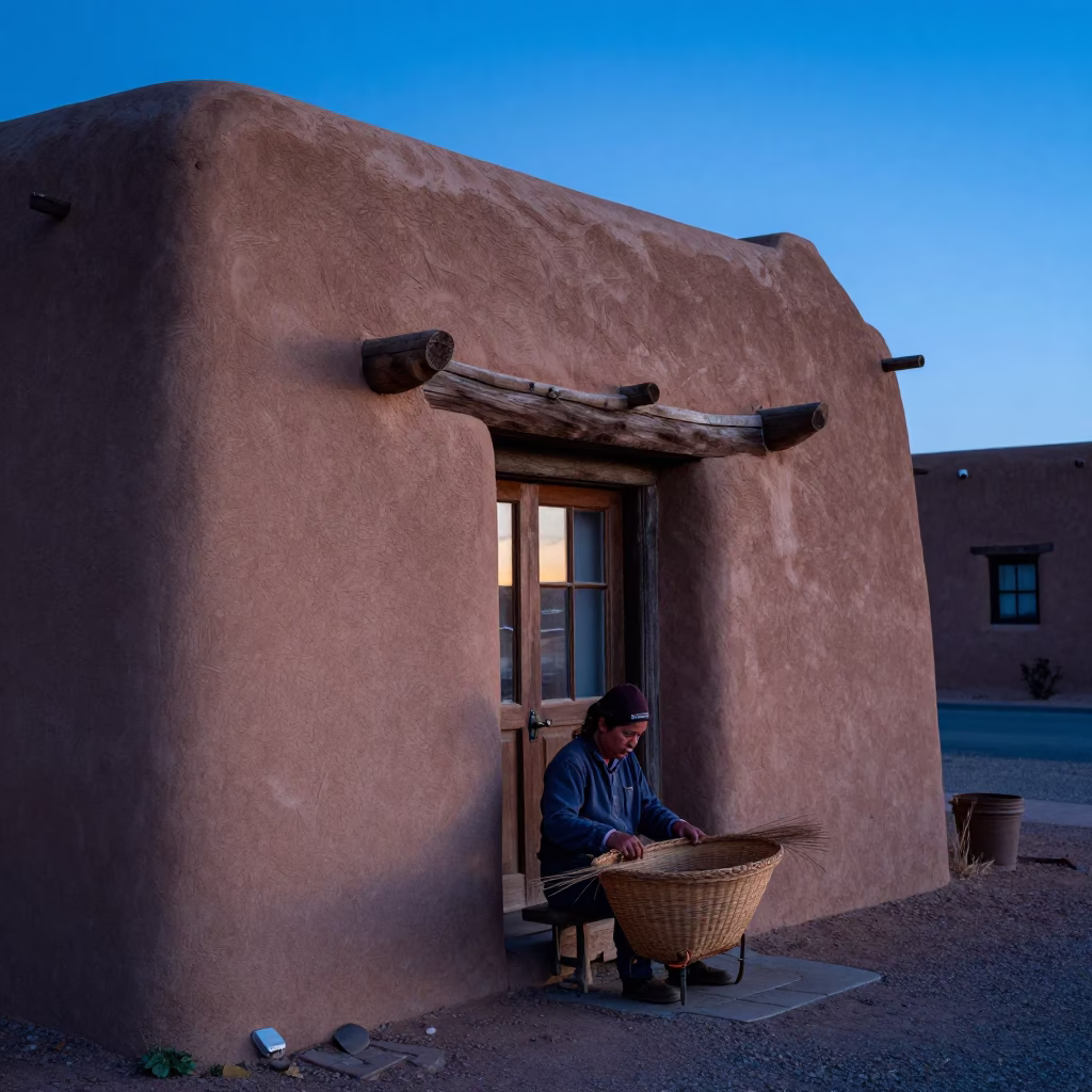 Basket Weaver at First Light Of Dawn in Santa Fe in in Santa Fe, New Mexico, United States