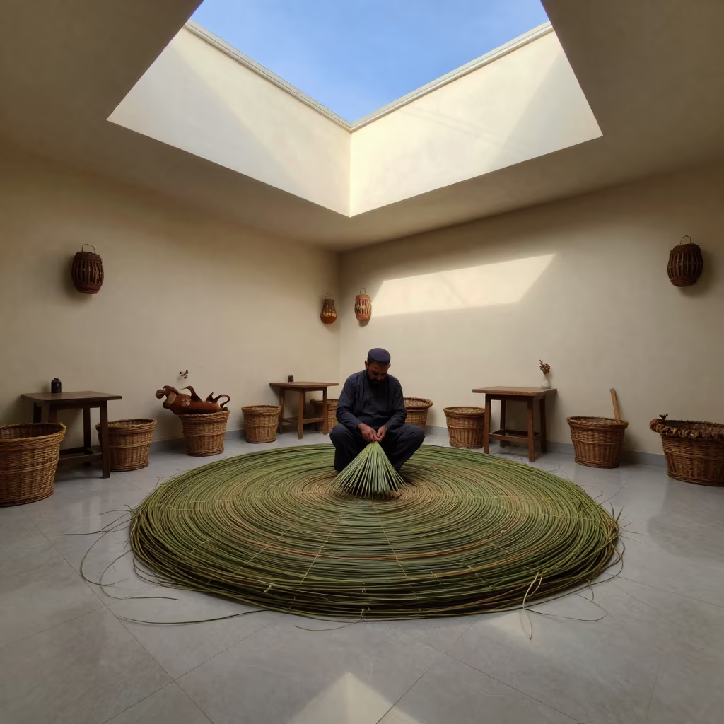 Basket Weaver Coiling Sweetgrass in Al Bayda Cafe in in a cafe in Al Bayda
