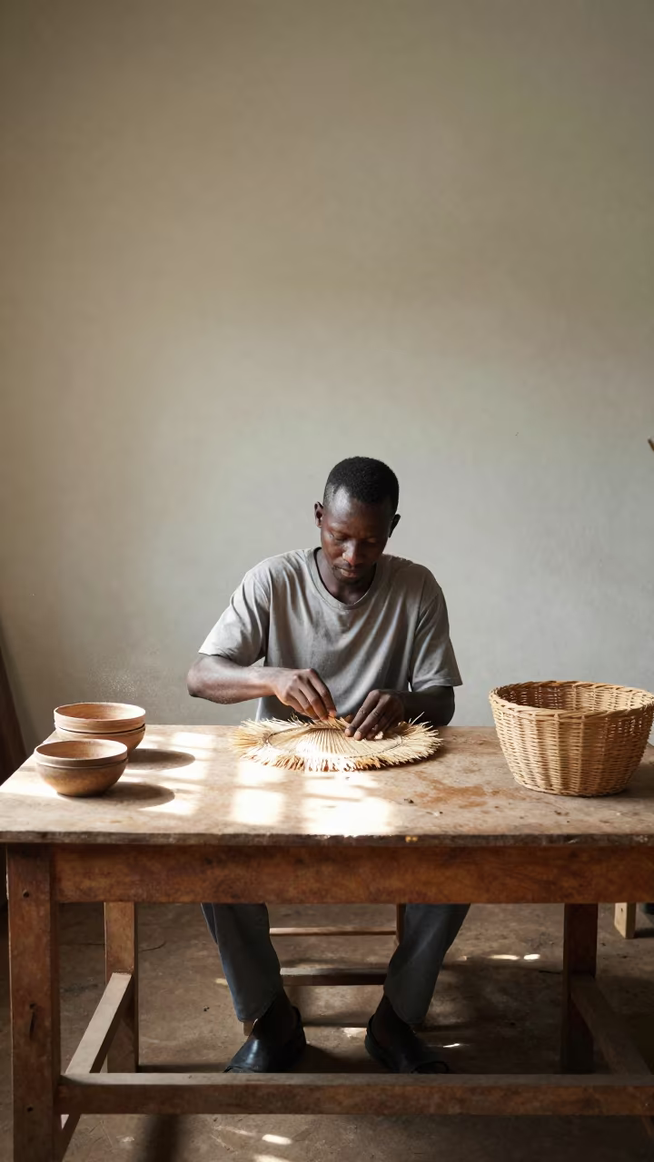 Basket Weaver Demonstrating Technique at Abuja Market in in a studio in Abuja