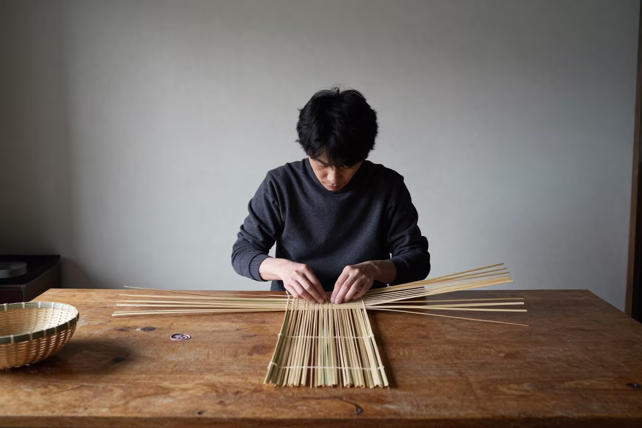 Basket Weaver Demonstrates Technique in Harajuku Atelier in in an atelier in Harajuku, Tokyo