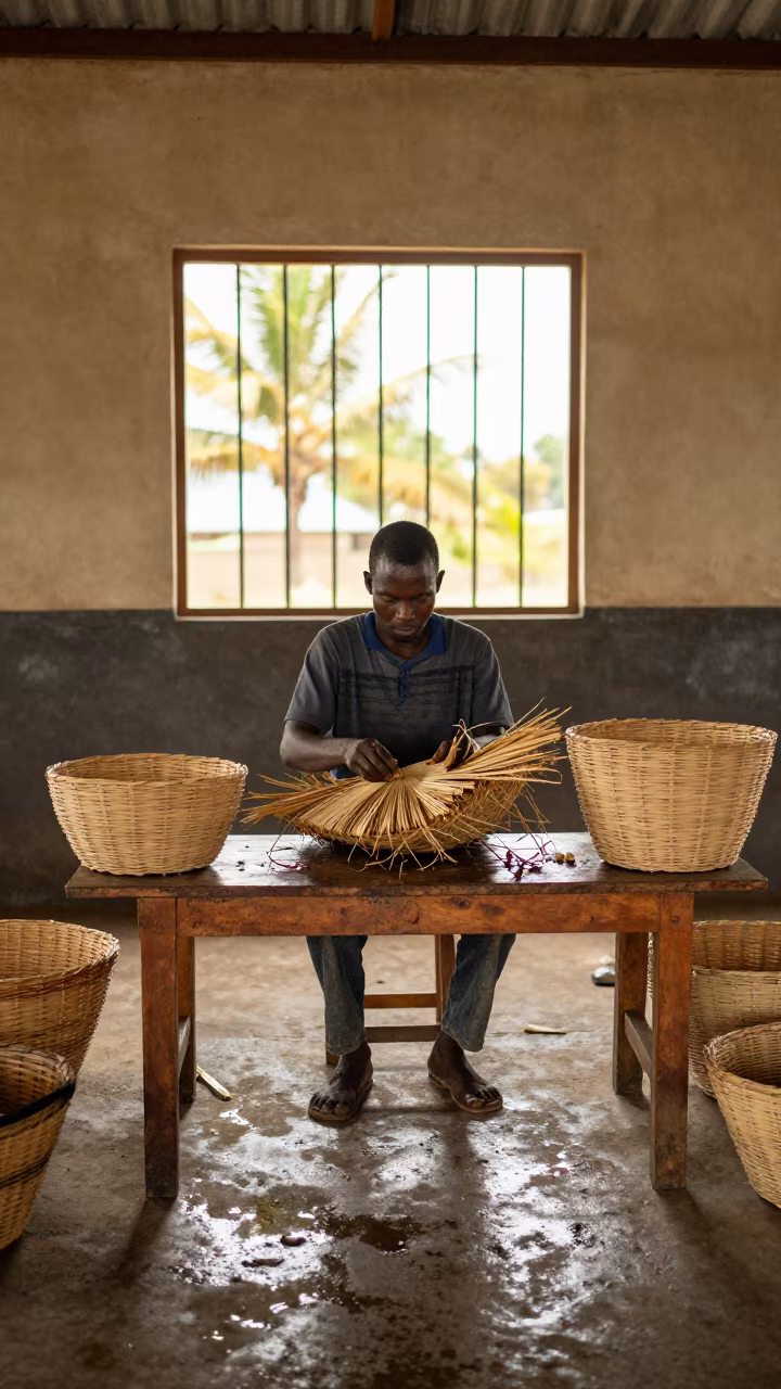 Basket Weaver Demonstrates Technique at Mutare Market in in a market hall in Mutare
