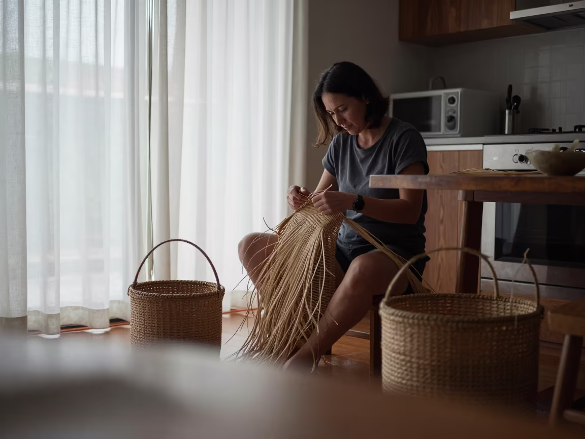 Basket Weaver Demonstrating Technique at Perth Market in in a kitchen in Perth