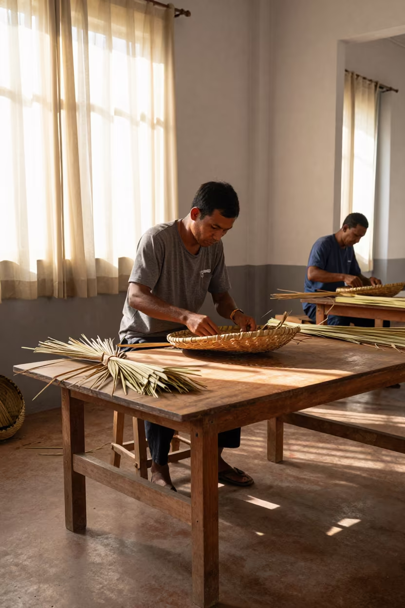 Basket Weaver at Riverside Market Table in Light in in a rehearsal room in Riverside, Phnom Penh