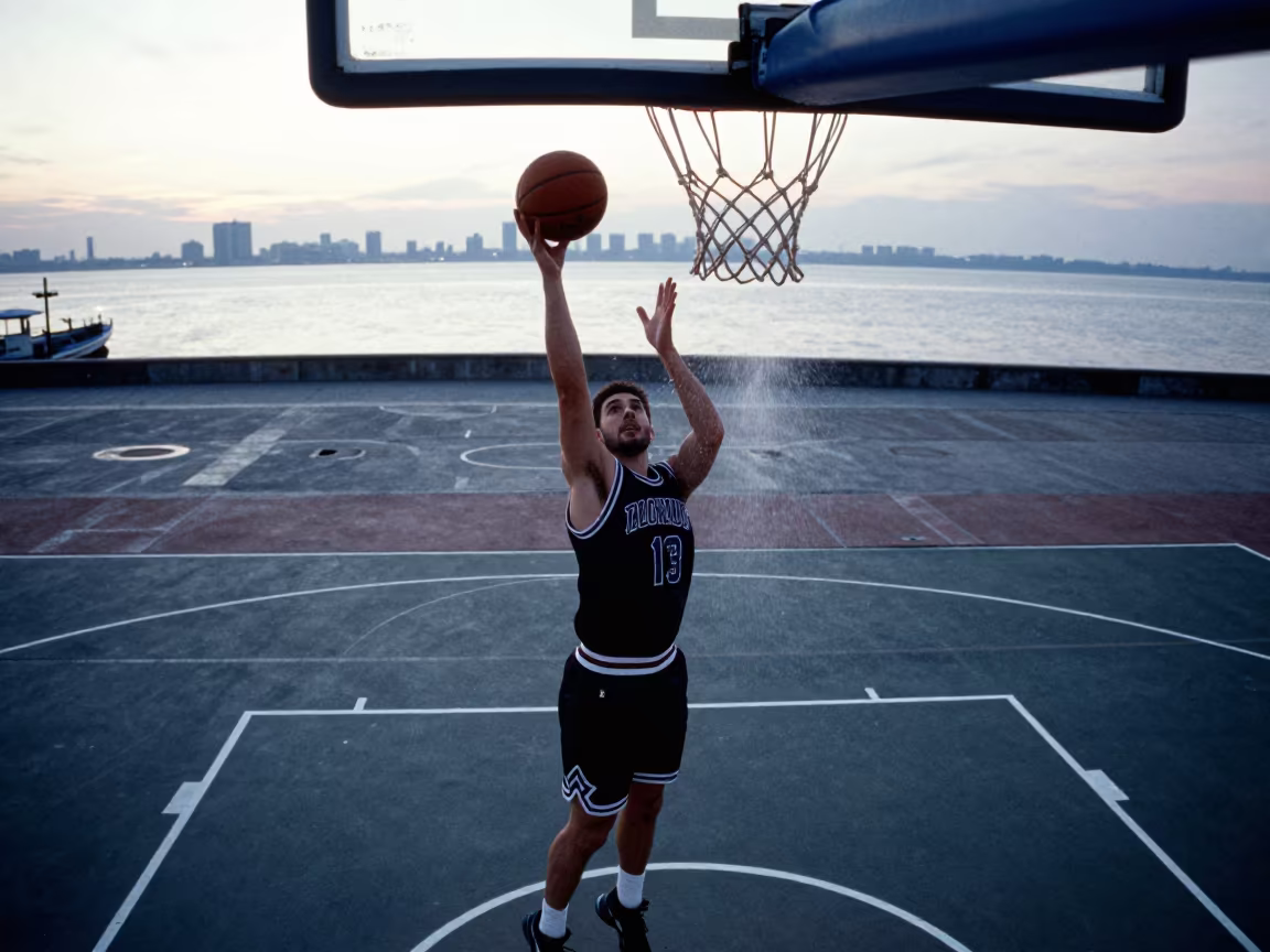 Basketball Center Blocks Shot at Dawn in at a harbor quay near Wuhan