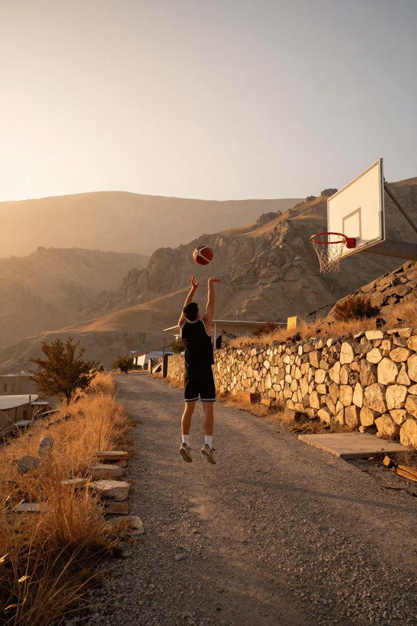 Basketball Fadeaway Shot on Mountain Path in on a mountain path near Diyarbakir