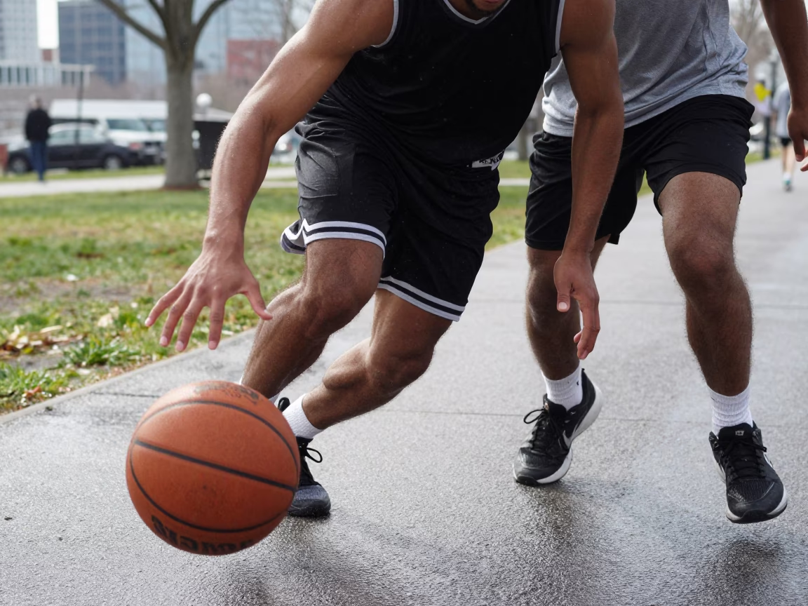 Basketball Guard Drives Baseline in Boston Seaport in on a mountain path near Seaport, Boston