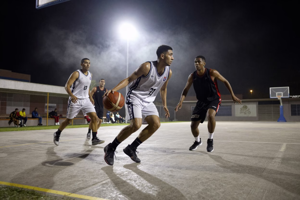 Basketball Guard Drives Baseline in El Alto Night Mist in near open fields near El Alto