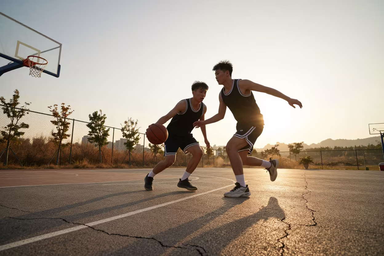 Basketball Guard Driving Baseline at Sunset in near open fields near Chongqing