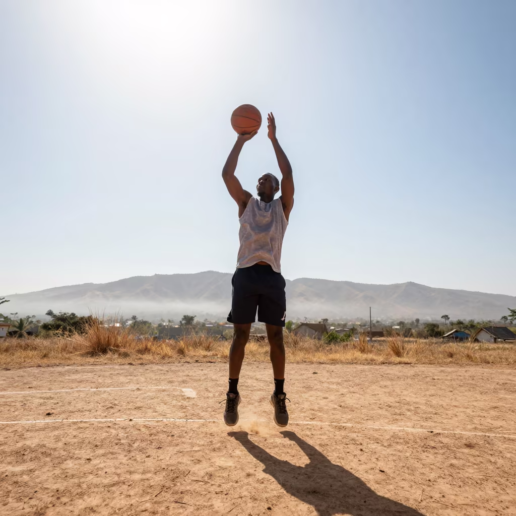 Basketball Jumper on Ouidah Hillside at Noon in on a hillside near Ouidah