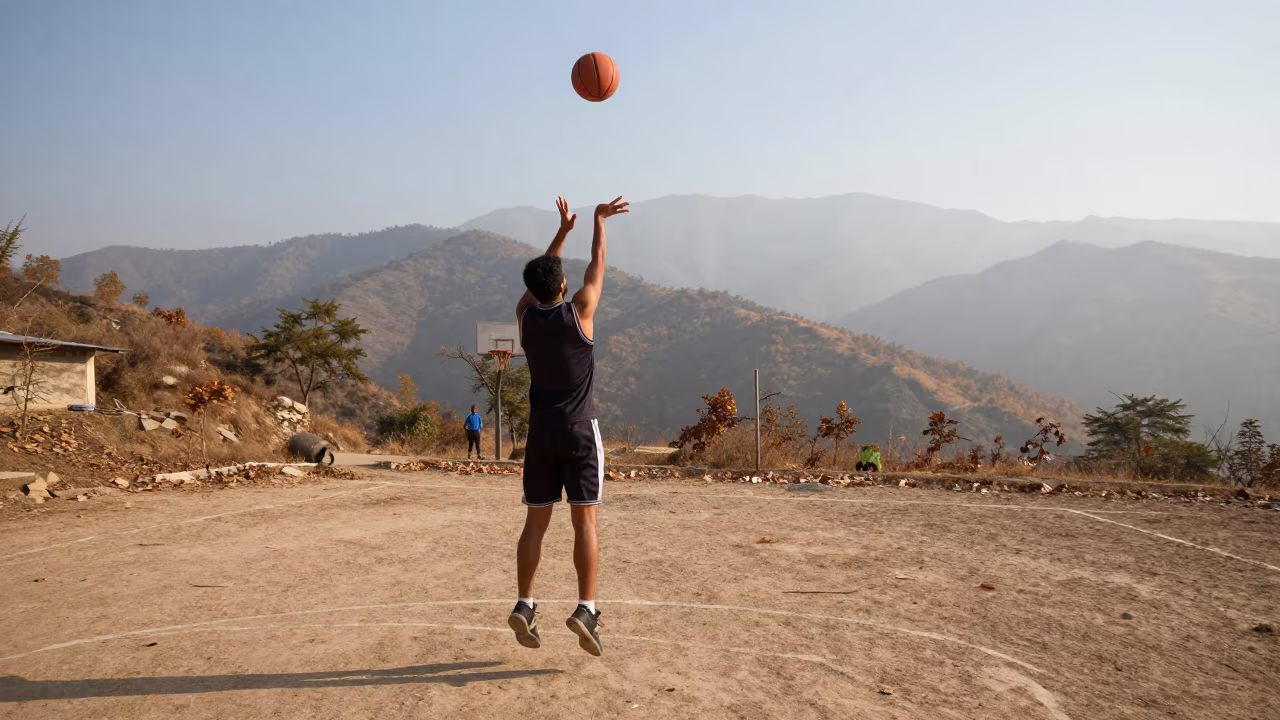Basketball Player Fadeaway Jumper on Autumn Hillside in on a hillside near Ghazipur