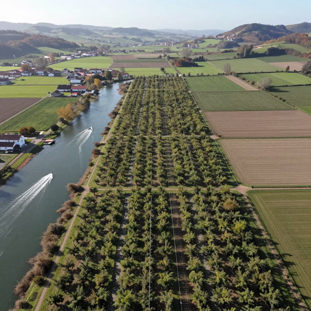 Basque Aerial View of Autumn Rooftops and Water Wakes in far above orchard blocks and irrigation lines in the Basque Country