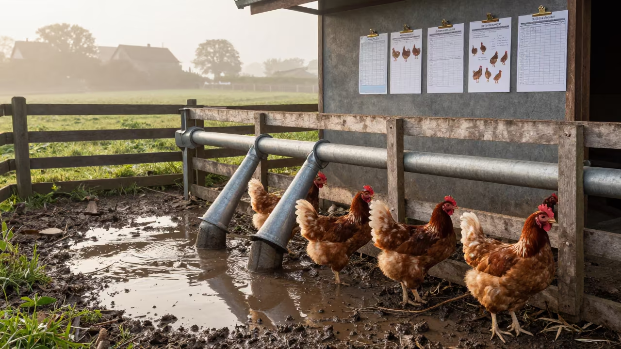 Basque Broilers Near Augers in Summer Fog in along a muddy paddock fence in the Basque Country