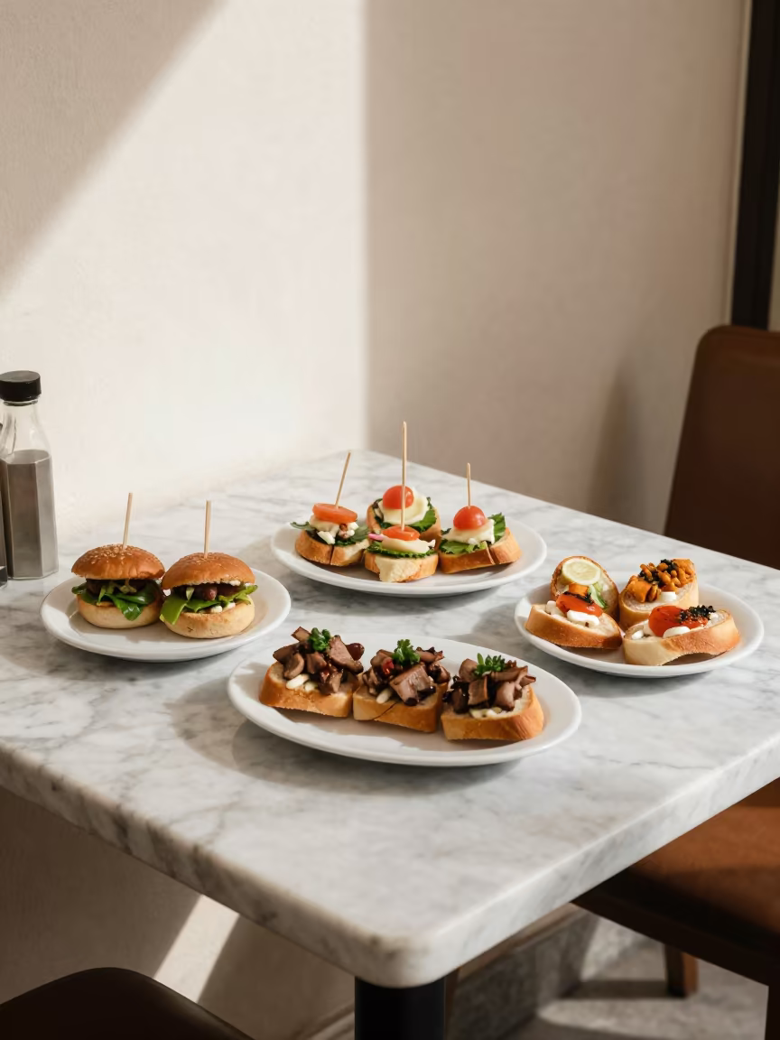 Basque Pintxos on Marble Bar Counter in Mansoura in on a marble cafe table in Mansoura