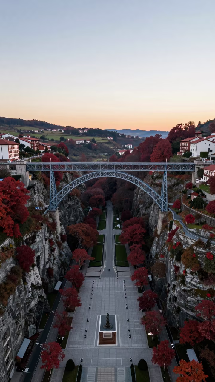 Basque Railroad Bridge Over Gorge at Sunset in across a formal civic plaza in the Basque Country