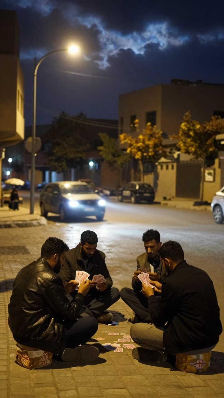 Basra Card Game Under Flickering Neon at Night in beneath a flickering underpass light in Basra