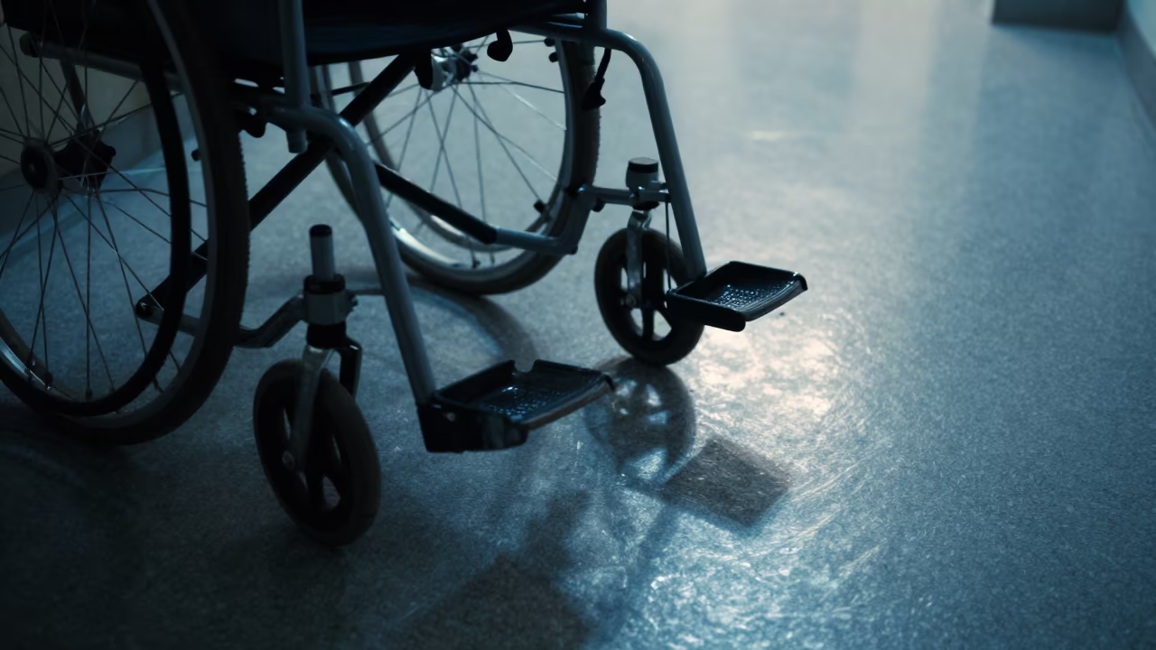 Basra Hospital Wheelchair Footrest in Predawn Neon in inside a hospital corridor in Basra