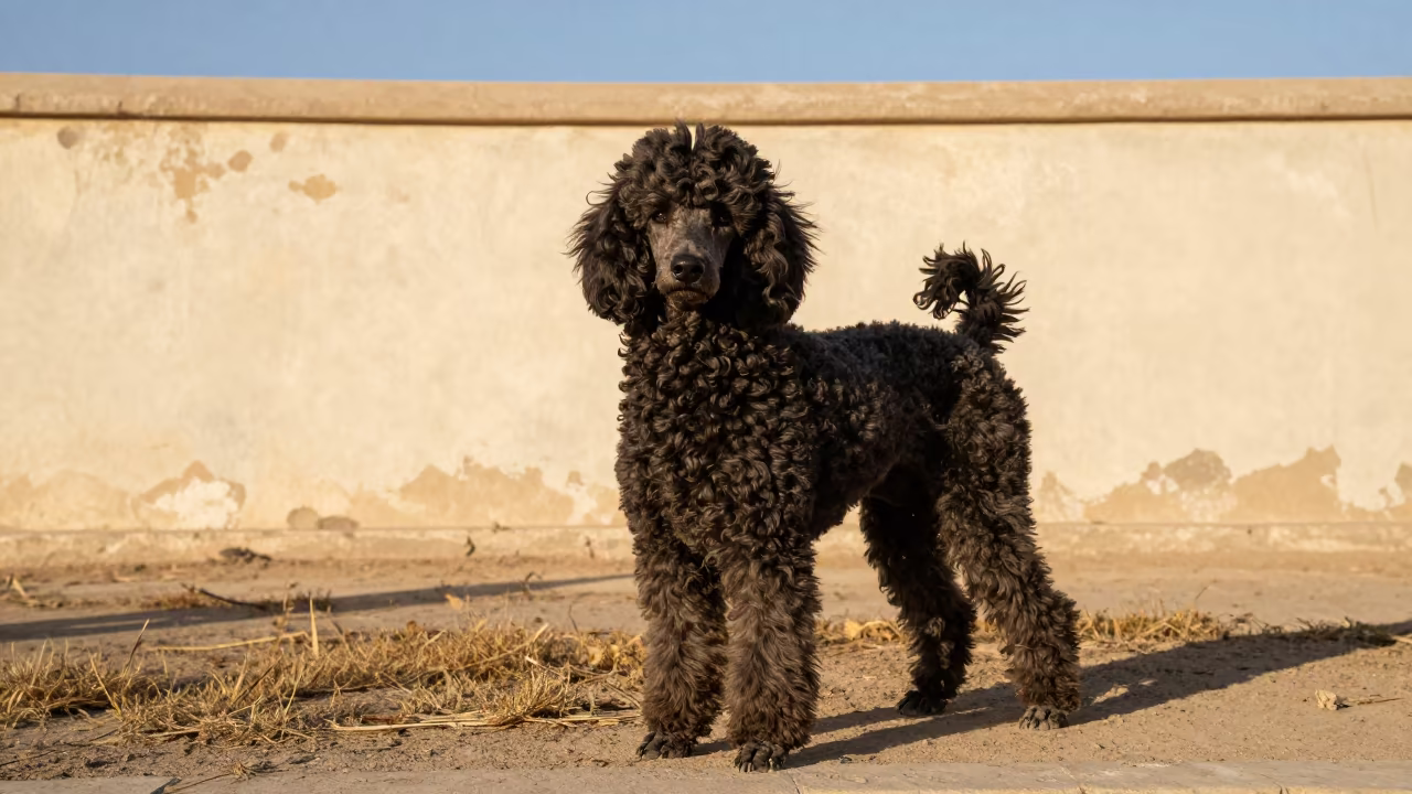 Basra Poodle Portrait in Late Afternoon Light in beside a plain courtyard wall in clear daylight with the animal at eye level in Basra
