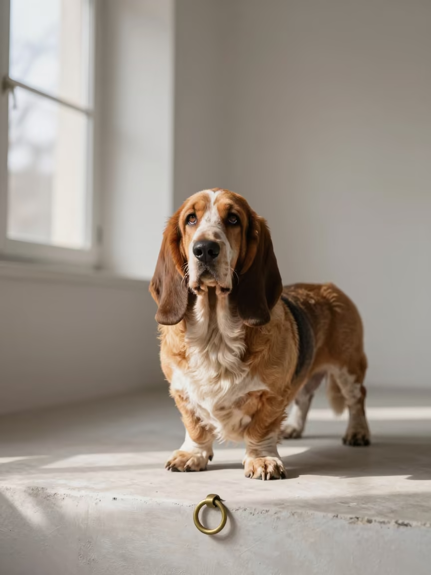 Basset Fauve de Bretagne in Jalandhar Studio Portrait in in a quiet portrait studio with a plain backdrop and eye-level framing near Jalandhar
