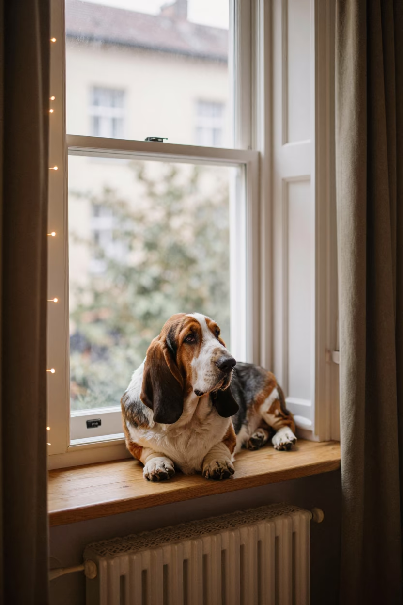 Basset Fauve de Bretagne on Larkana Window Seat in on a window seat in a quiet apartment with soft side light in Larkana