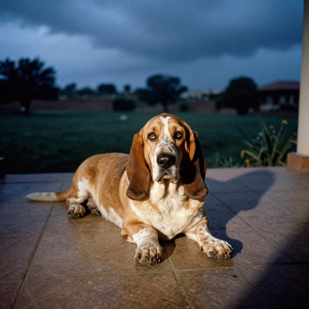 Basset Fauve de Bretagne on Shaded Porch in near a garden edge with soft morning light and an uncluttered background in Nouakchott