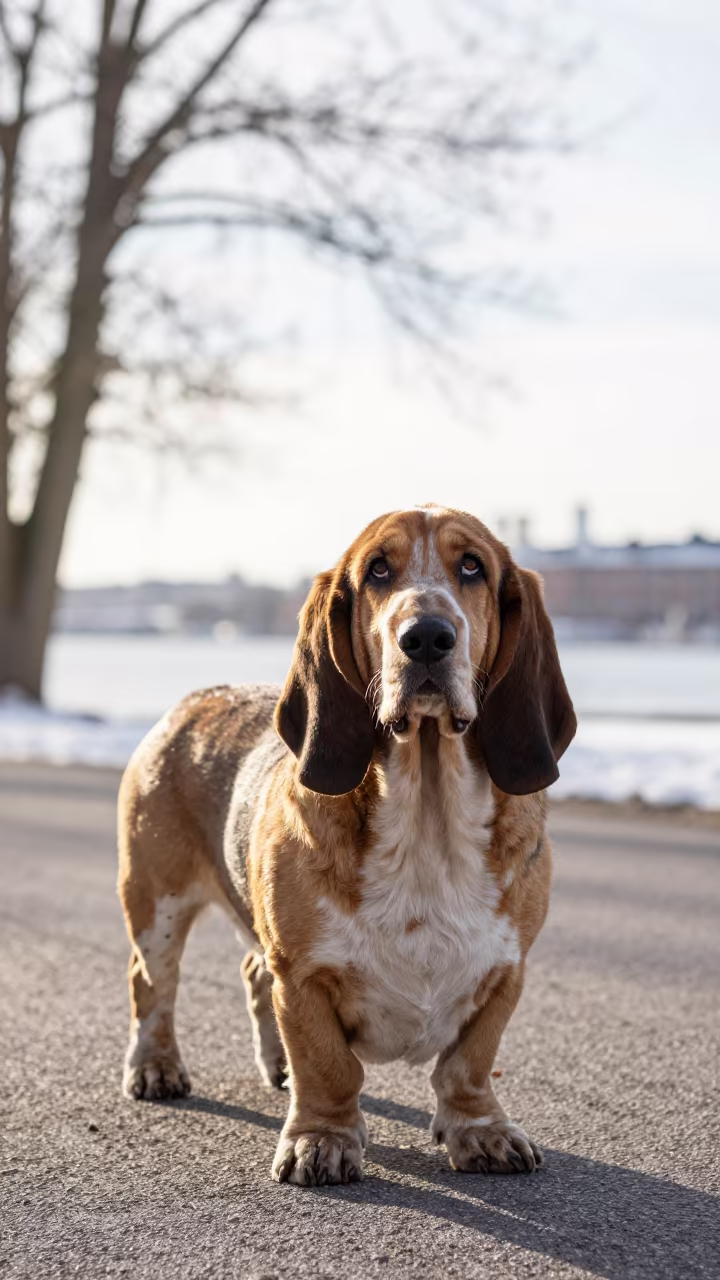Basset Fauve de Bretagne Portrait in Gothenburg Park in along a quiet park path with soft open shade and a clean background in Gothenburg