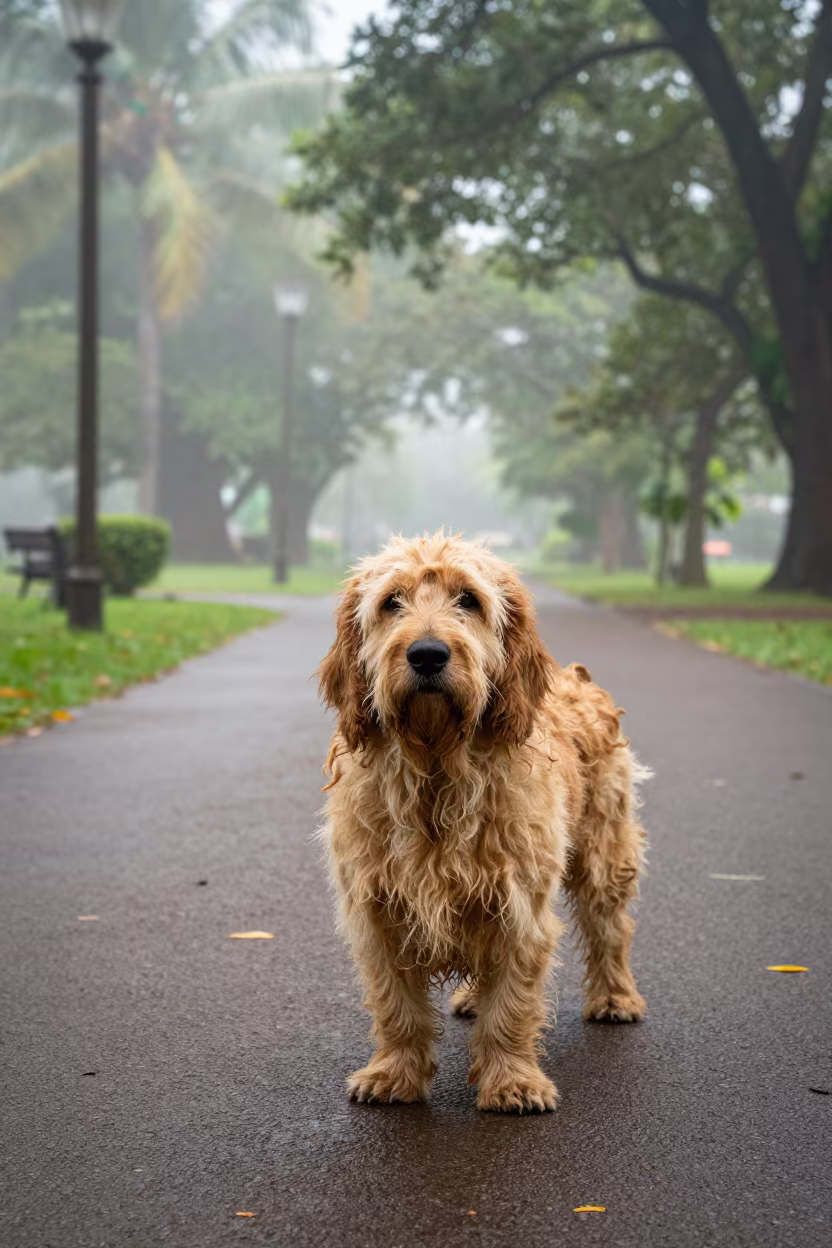 Basset Fauve de Bretagne Portrait in Ibadan Park in along a quiet park path with soft open shade and a clean background near Ibadan
