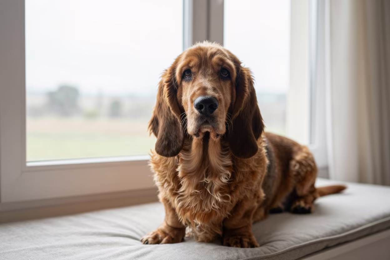 Basset Fauve de Bretagne Portrait in Mbabane in on a cushioned window seat with soft side light and an uncluttered background in Mbabane
