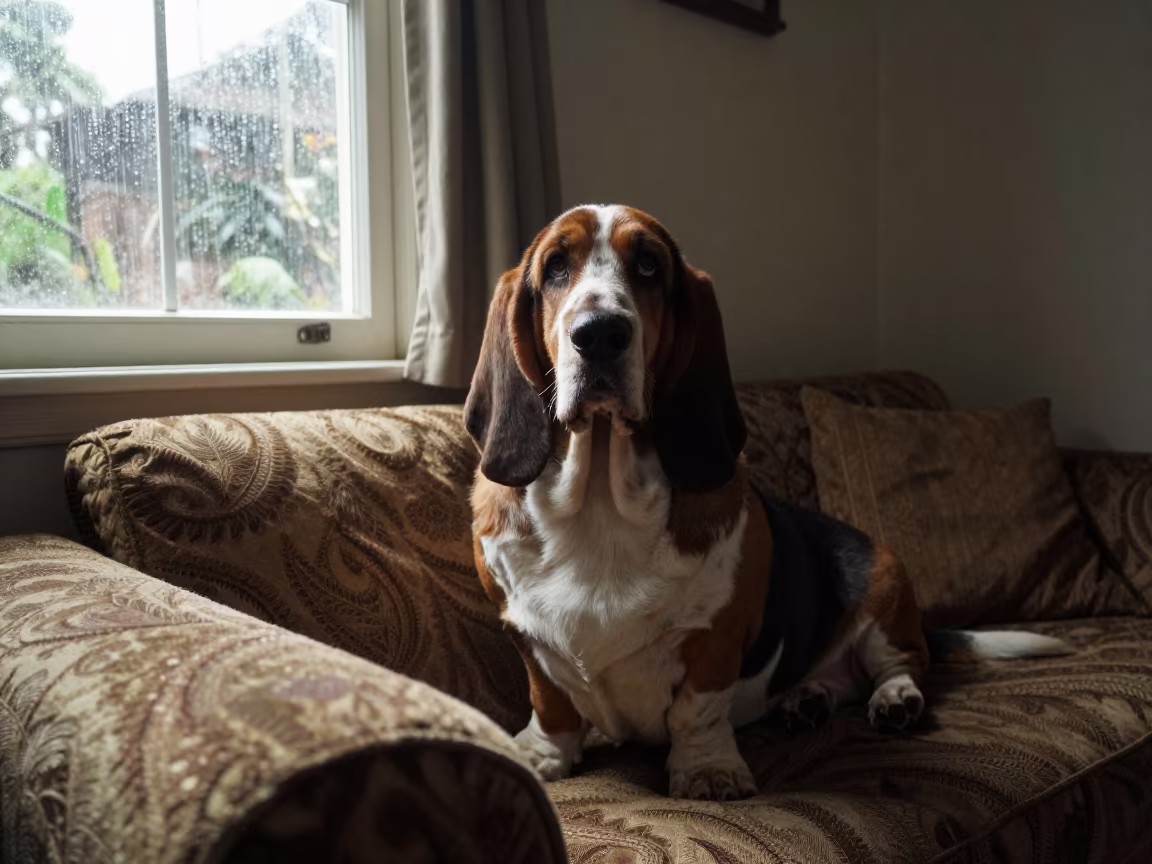 Basset Fauve de Bretagne Portrait Kampala Sofa in on a sofa near a curtained window with calm indoor light near Kampala