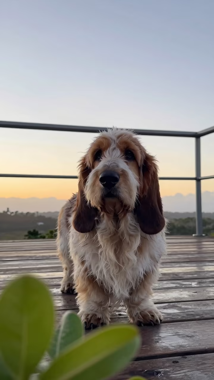 Basset Fauve de Bretagne Portrait on Natal Porch in on a shaded front porch with boards, railings, and eye-level framing in Natal