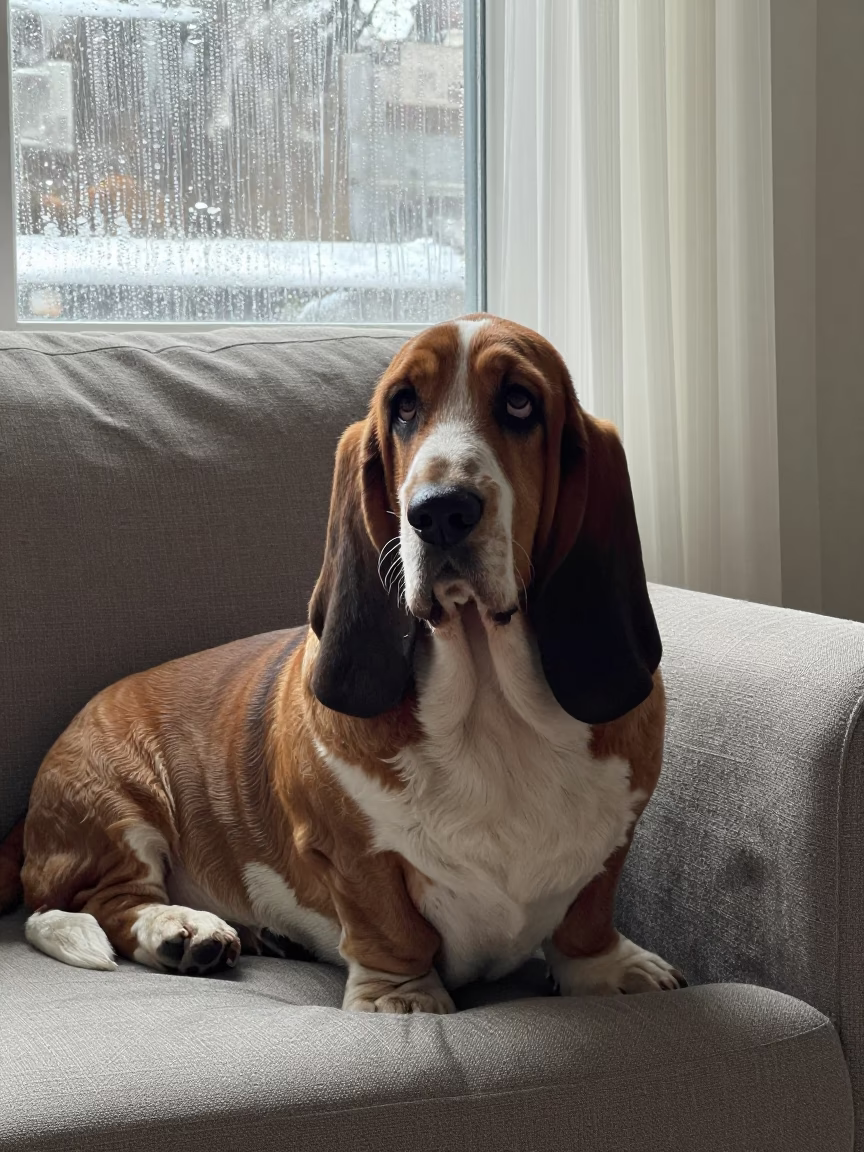 Basset Fauve de Bretagne Portrait on Sofa in on a sofa near a curtained window with calm indoor light near Benha