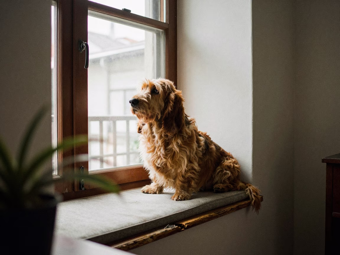 Basset Fauve de Bretagne Portrait on Window Seat in on a cushioned window seat with soft side light and an uncluttered background in Port-au-Prince