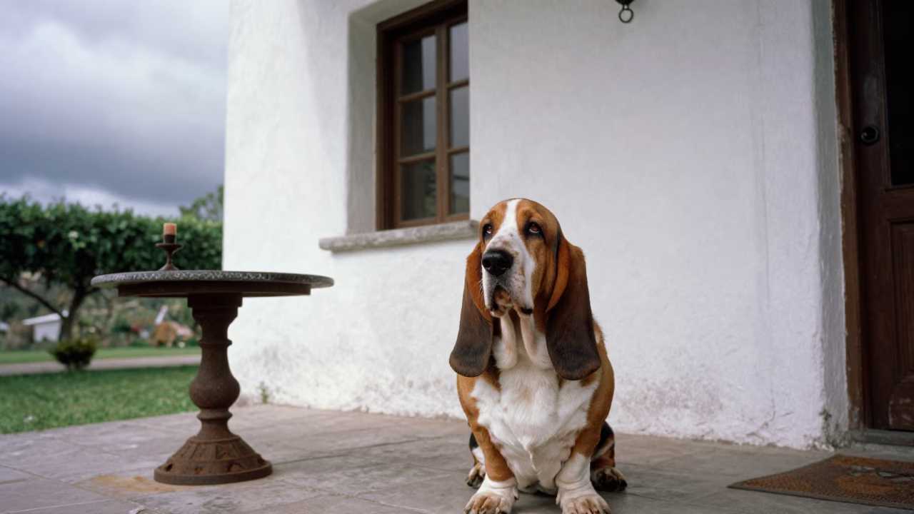 Basset Hound on Shaded Arequipa Porch in in a small yard with clipped grass, calm light, and the animal centered in frame in Arequipa