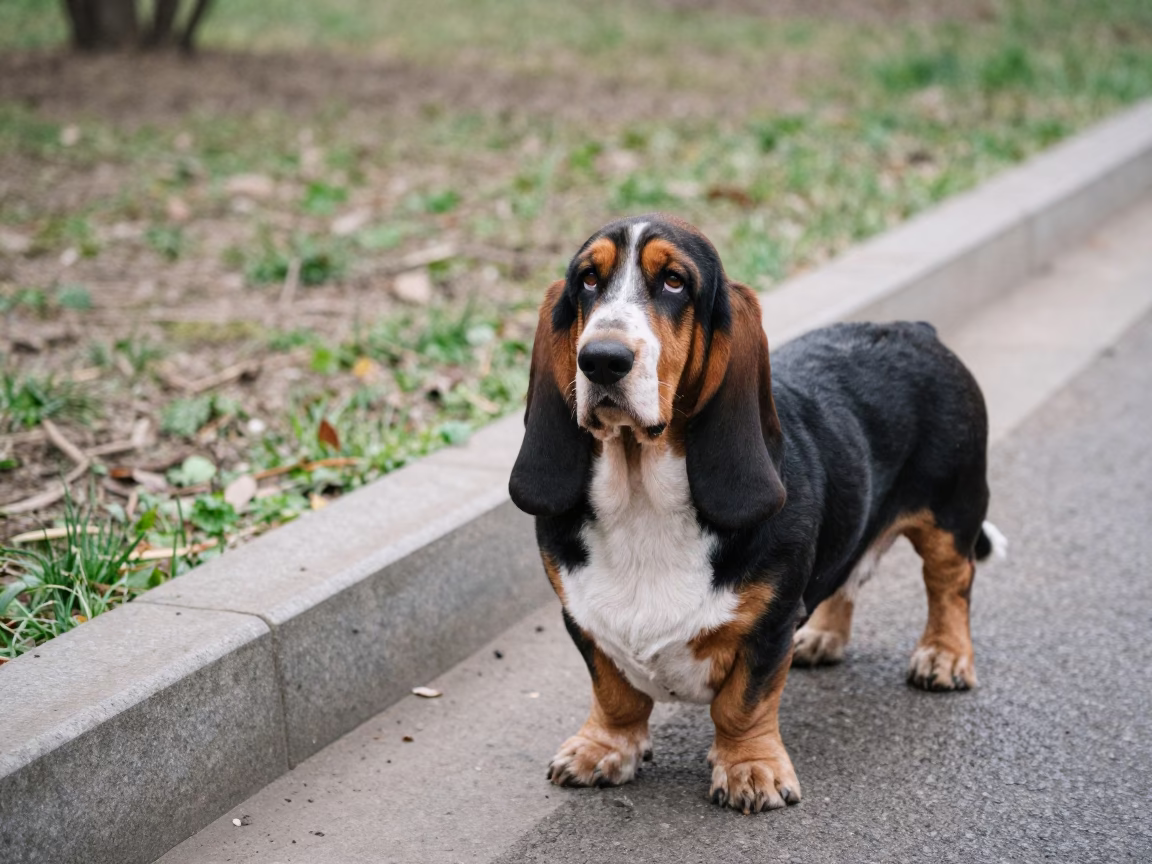 Basset Hound Portrait Along Park Path in along a quiet park path with soft open shade and a clean background in Changchun