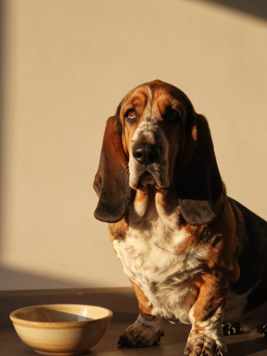 Basset Hound Portrait by Plain Wall in beside a plain plaster wall in soft indoor light with the animal centered in frame in Hyderabad