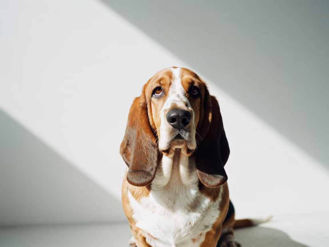 Basset Hound Portrait in Quiet Studio Light in in a quiet portrait studio with a plain backdrop and eye-level framing near Sumbe