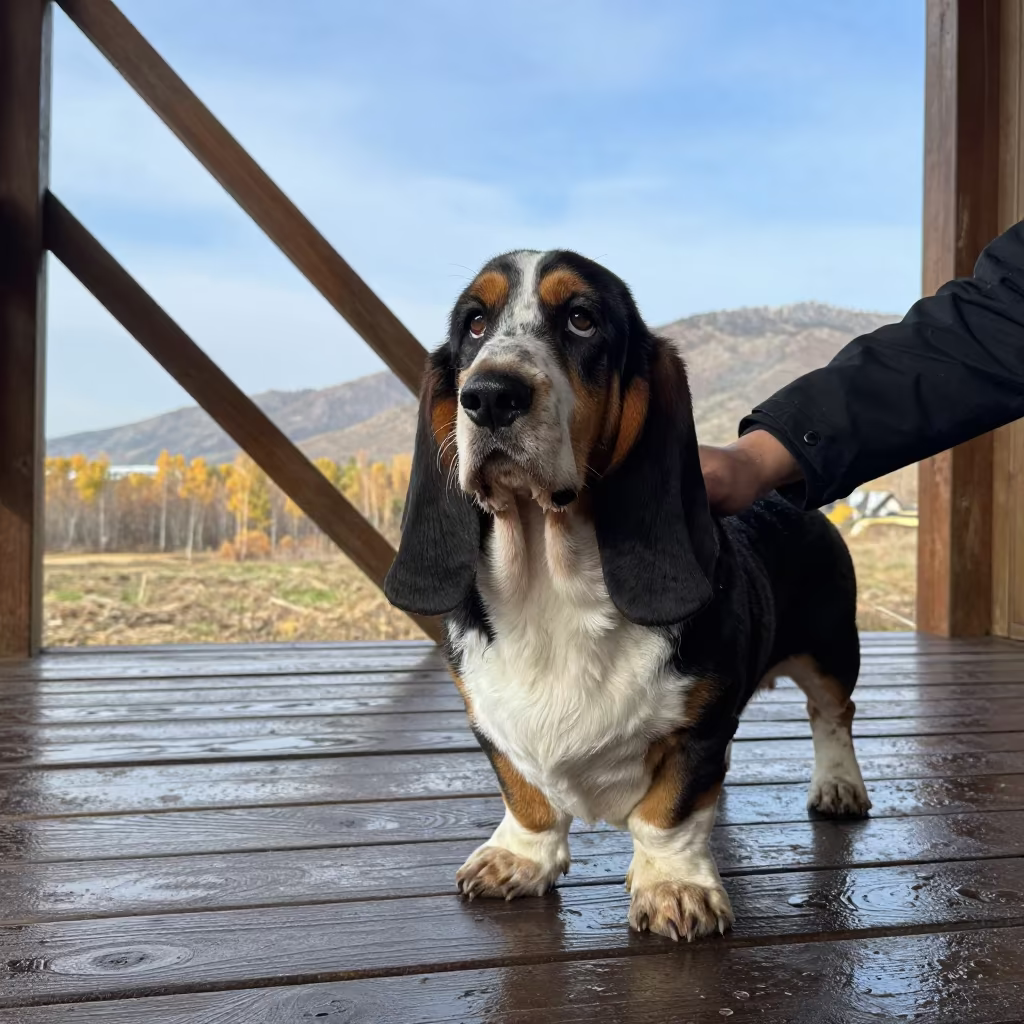Basset Hound Portrait on Samara Porch in on a shaded front porch with boards, railings, and eye-level framing in Samara
