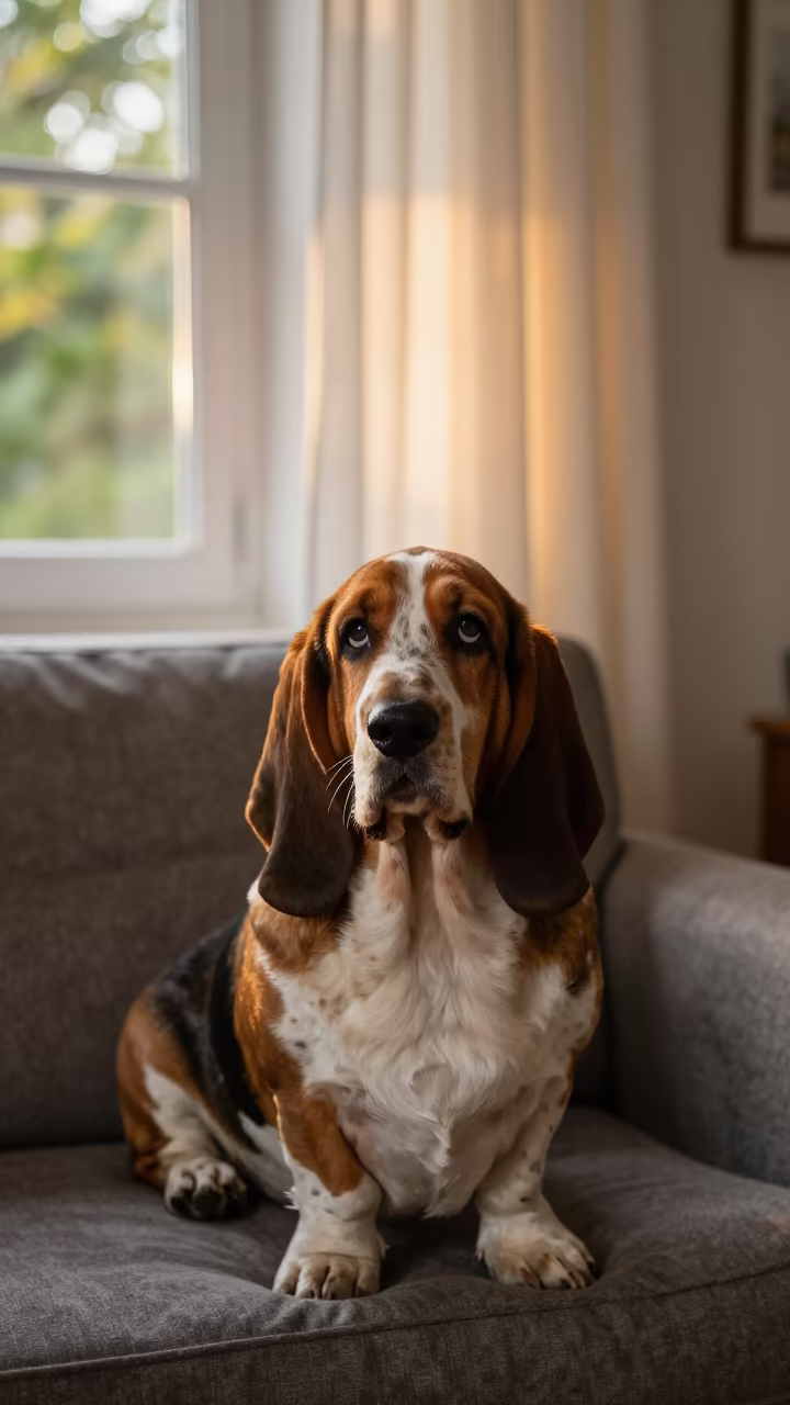 Basset Hound Portrait on Sofa Near Curtained Window in on a sofa near a curtained window with calm indoor light in Leipzig