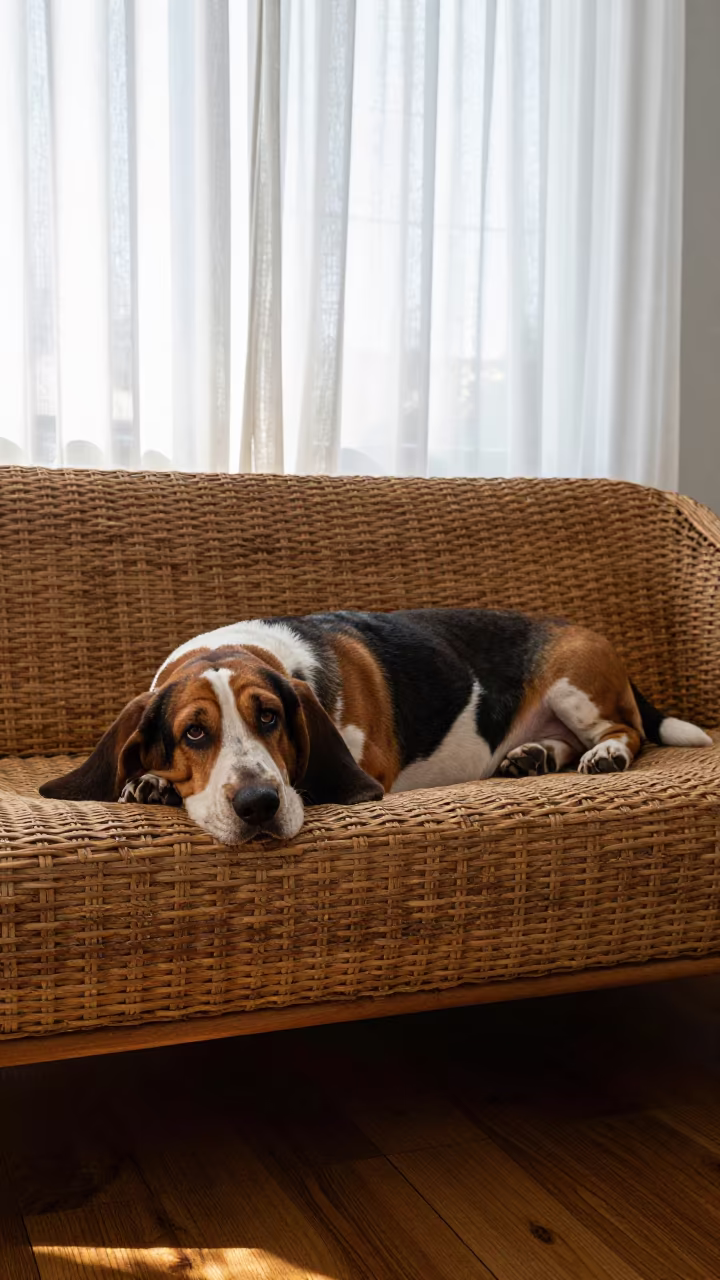 Basset Hound Portrait on Sofa Near Window in on a sofa near a curtained window with calm indoor light in Denpasar