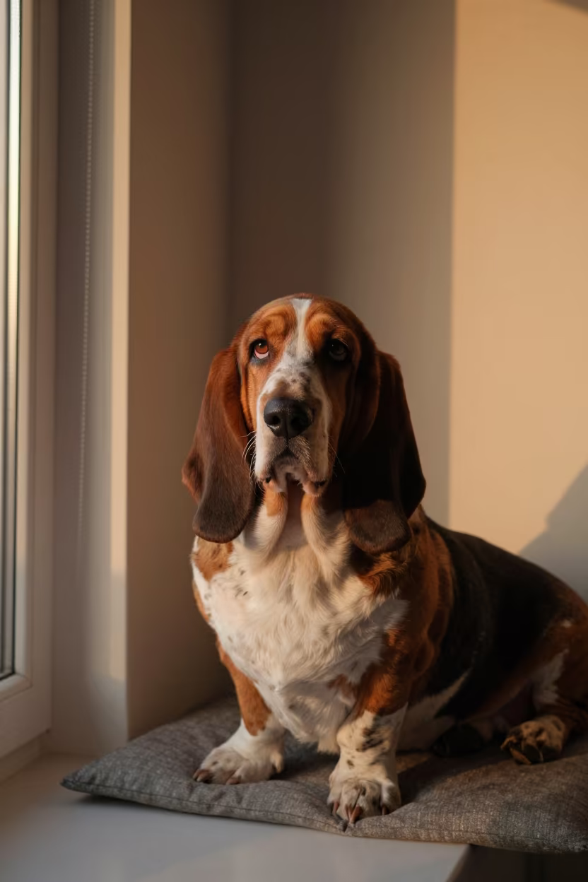 Basset Hound Portrait on Window Seat in on a cushioned window seat with soft side light and an uncluttered background in Sargodha