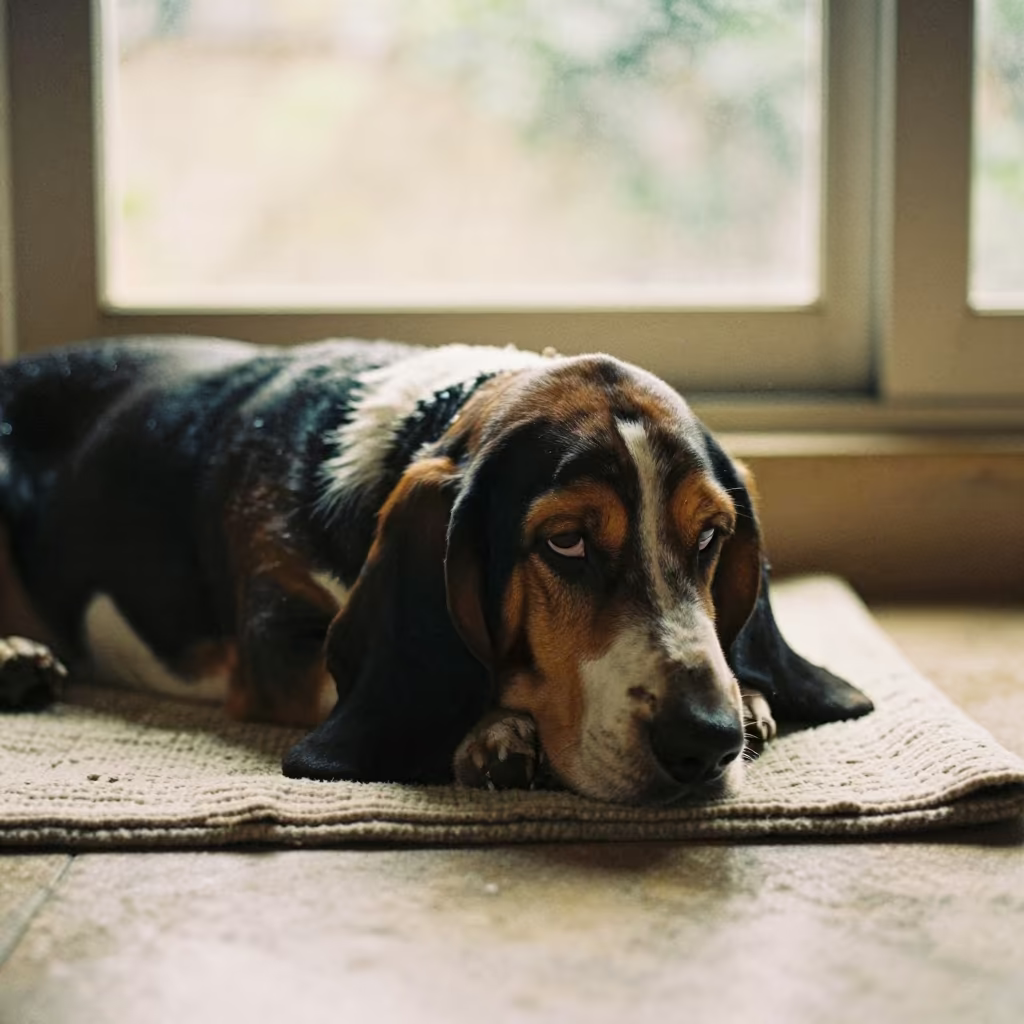 Basset Hound Resting by Window in Surat Evening Light in on a bedspread near a bright window with calm indoor light near Surat
