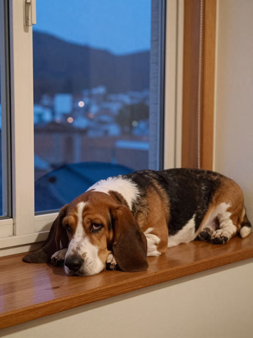 Basset Hound Resting on Window Seat in on a window seat in a quiet apartment with soft side light in Ulsan