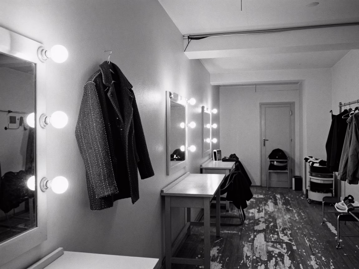 Basted Jacket Beside Mirror Bulbs in Jyväskylä Atelier in in a backstage changing corridor in Jyväskylä