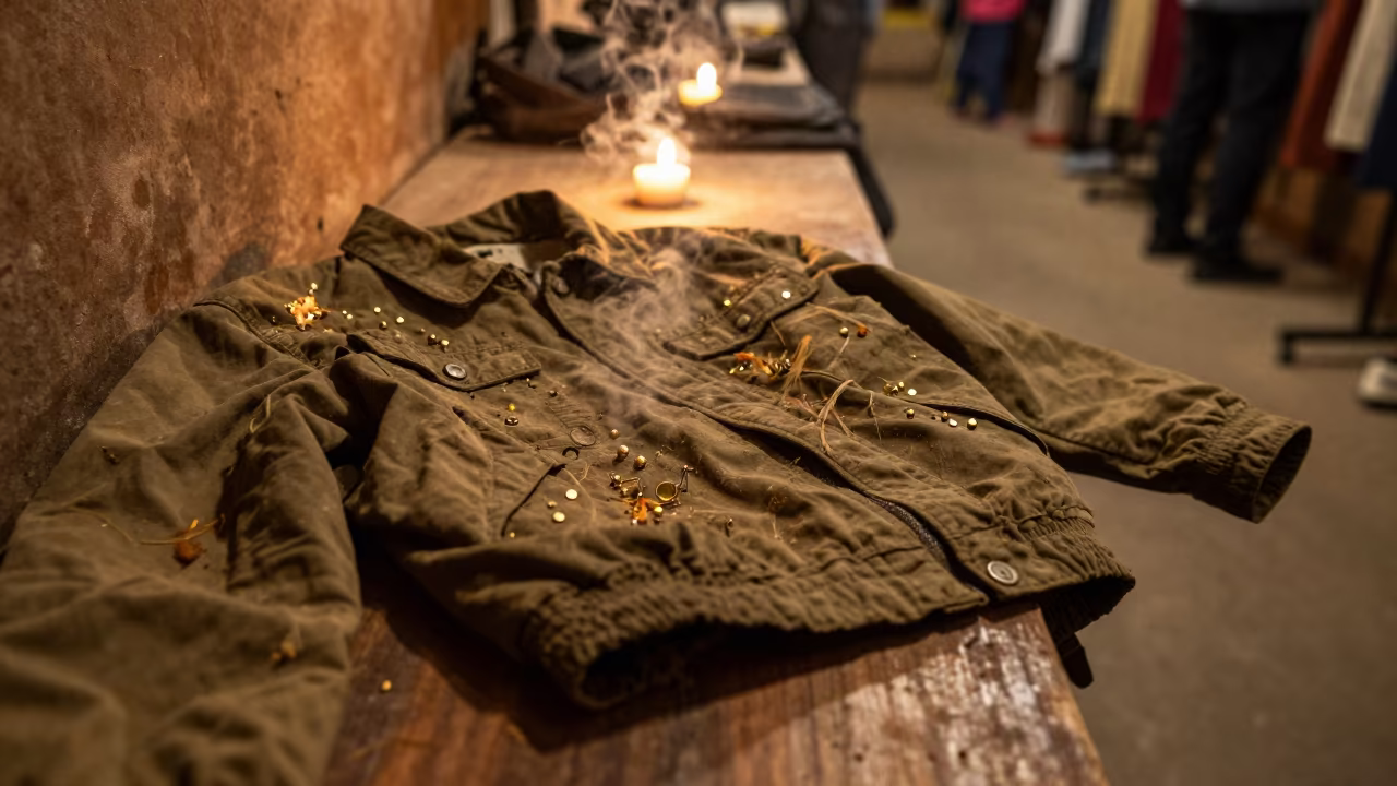 Basted Jacket Brass Pins Candlelight Autumn in in a backstage changing corridor in Prayagraj