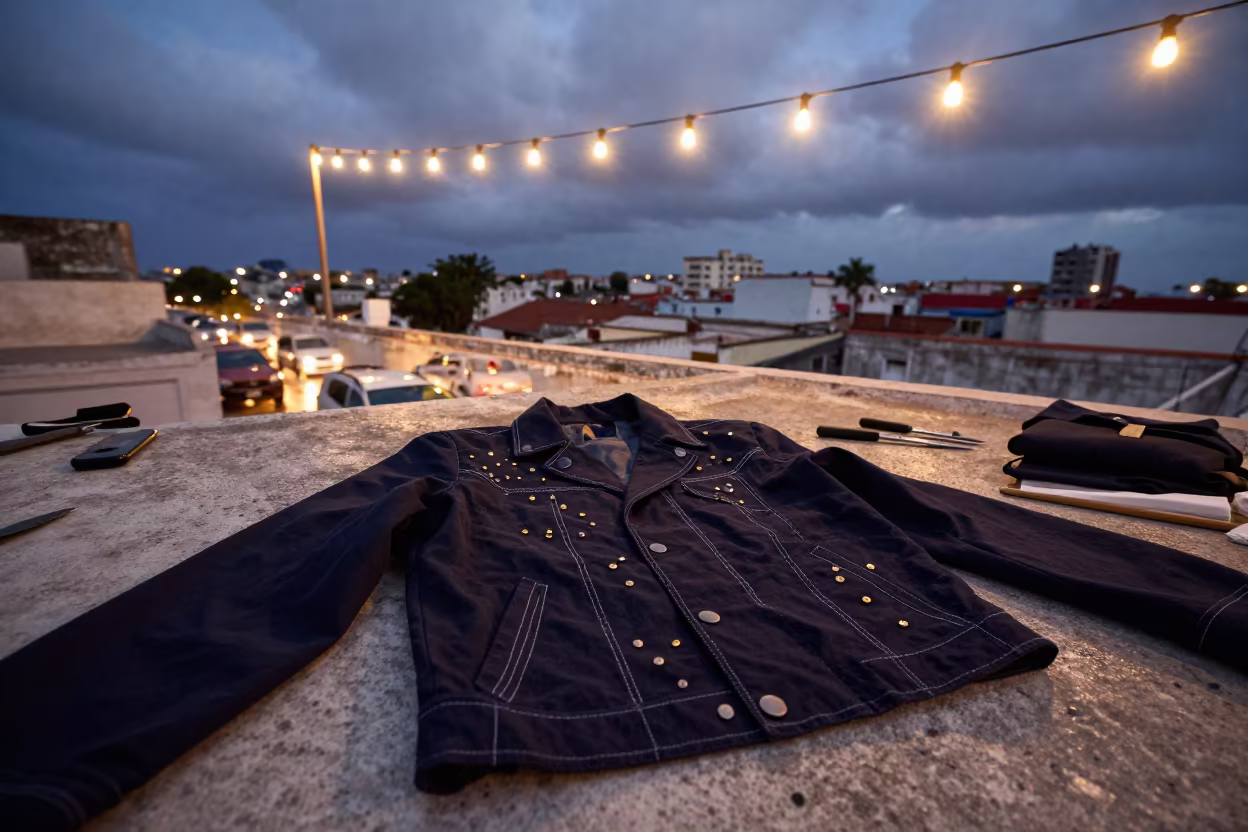 Basted Jacket Brass Pins Rooftop Matanzas Twilight in on a rooftop above evening traffic near Matanzas