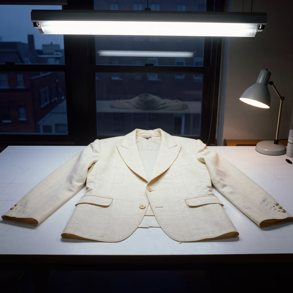 Basted Jacket Under Fluorescent Light in inside a couture atelier near Philadelphia