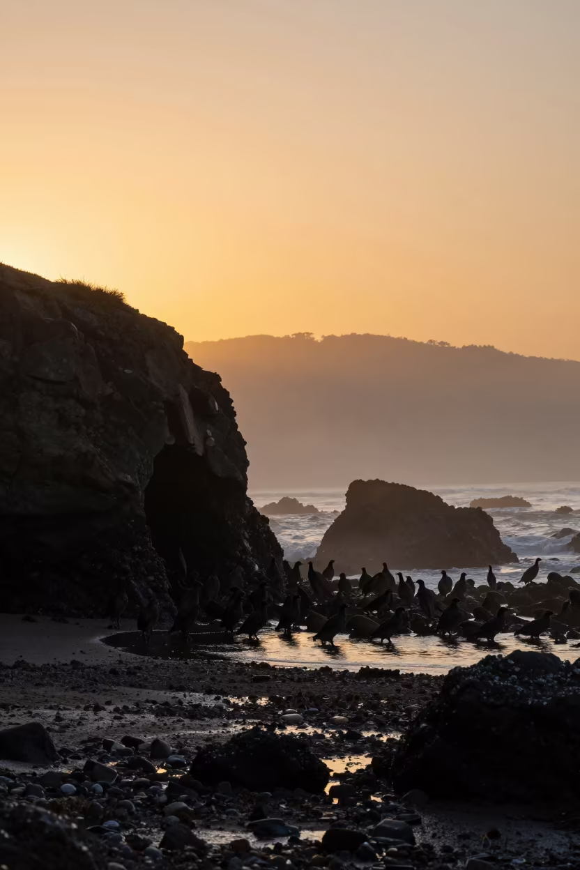 Bat Colony Emerging from Cave at Sunset in beside a tidal inlet near Chinatown, San Francisco