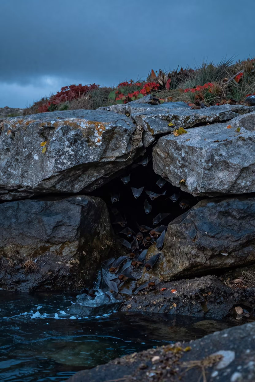 Bat Colony Emerging from Cave at Twilight in Brittany in beside a tidal inlet in Brittany