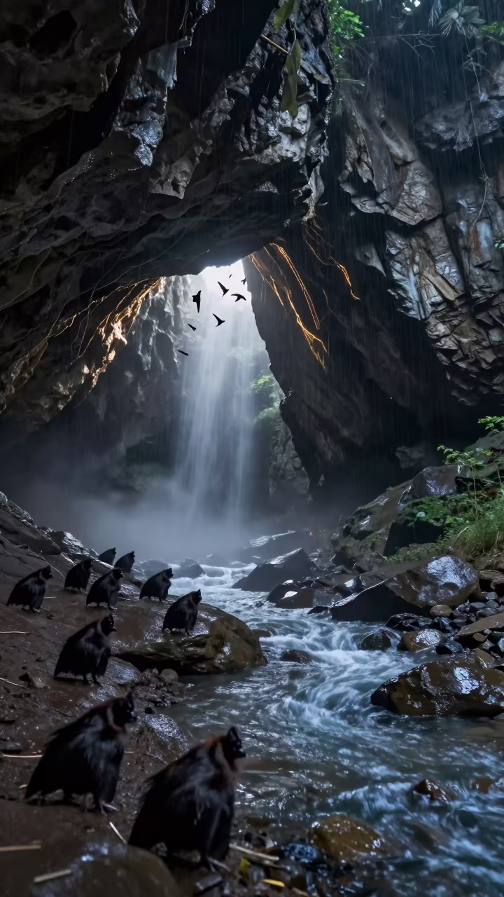 Bat Colony Emerging from Cave at Twilight in above a glacial stream near Ranchi
