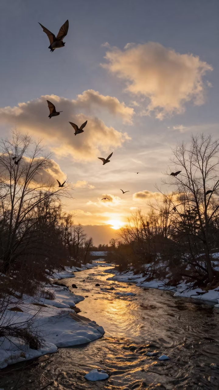 Bat Colony Flying Over Glacial Stream at Sunset in above a glacial stream near Kyiv