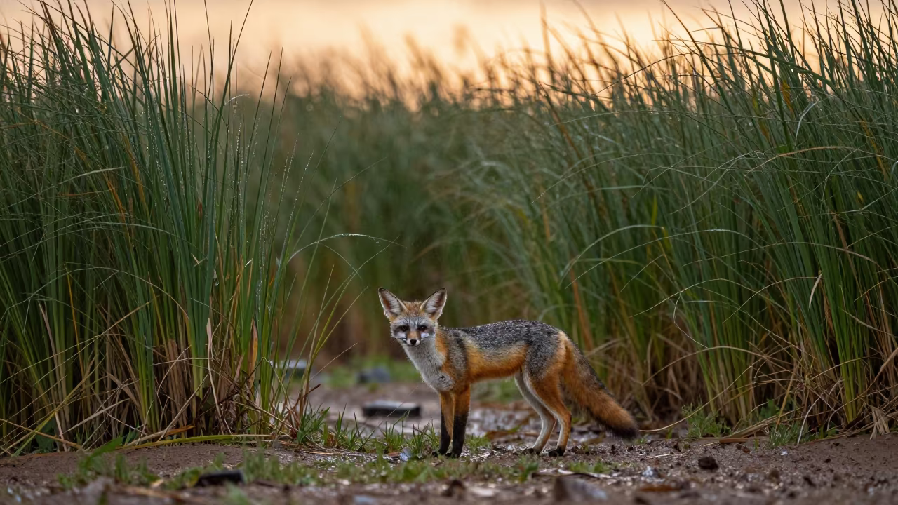 Bat-Eared Fox Alert at Malawi Reed Bed Sunset in at the edge of a reed bed in Malawi